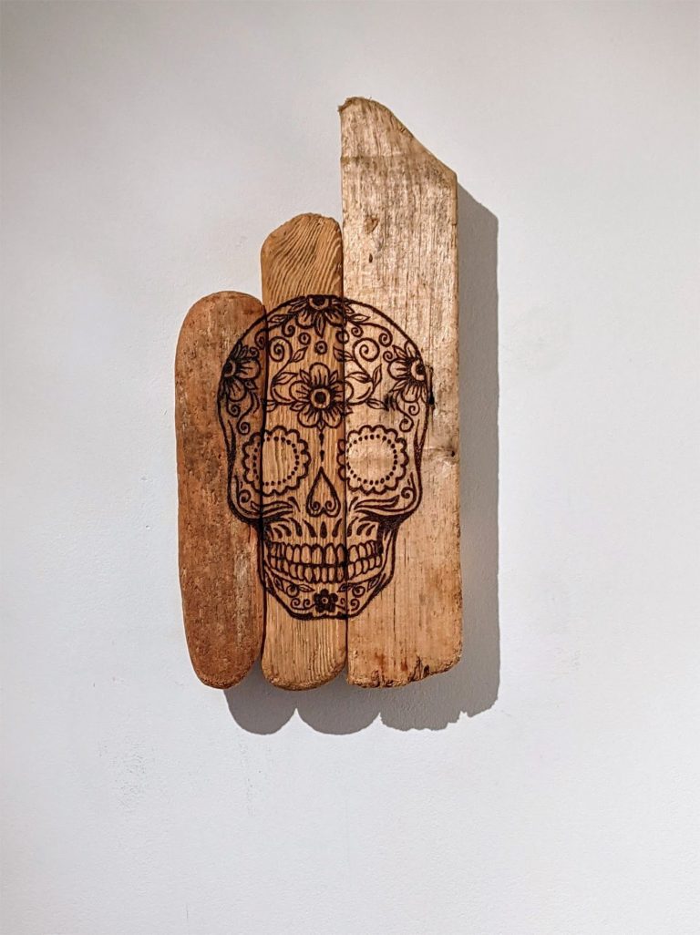 Skull Pyrographed Onto 3 Driftwood Pieces